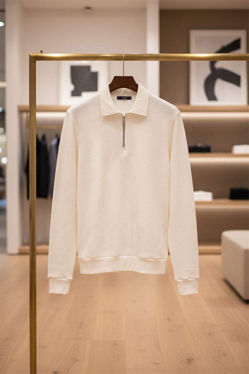 Men's Jacquard Half-Zip Sweatshirt in White — hung on brass clothing rail