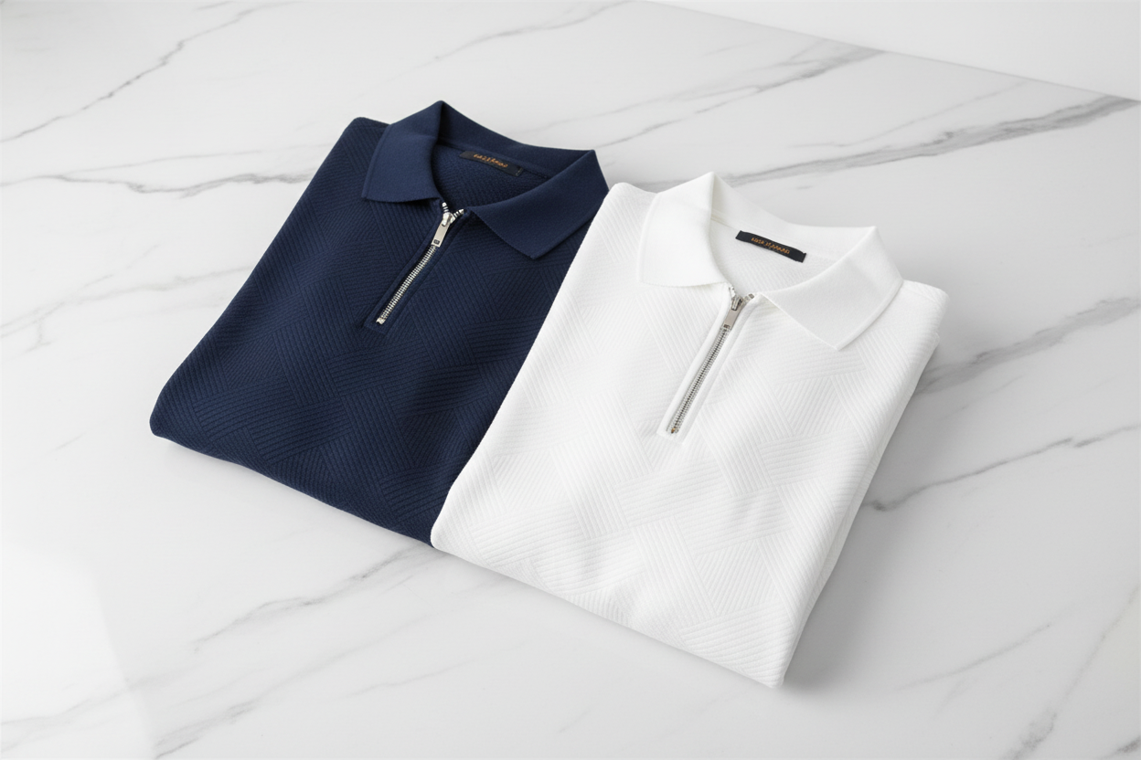 Men's Jacquard Half-Zip Sweatshirt in Navy and White — folded stack boutique display
