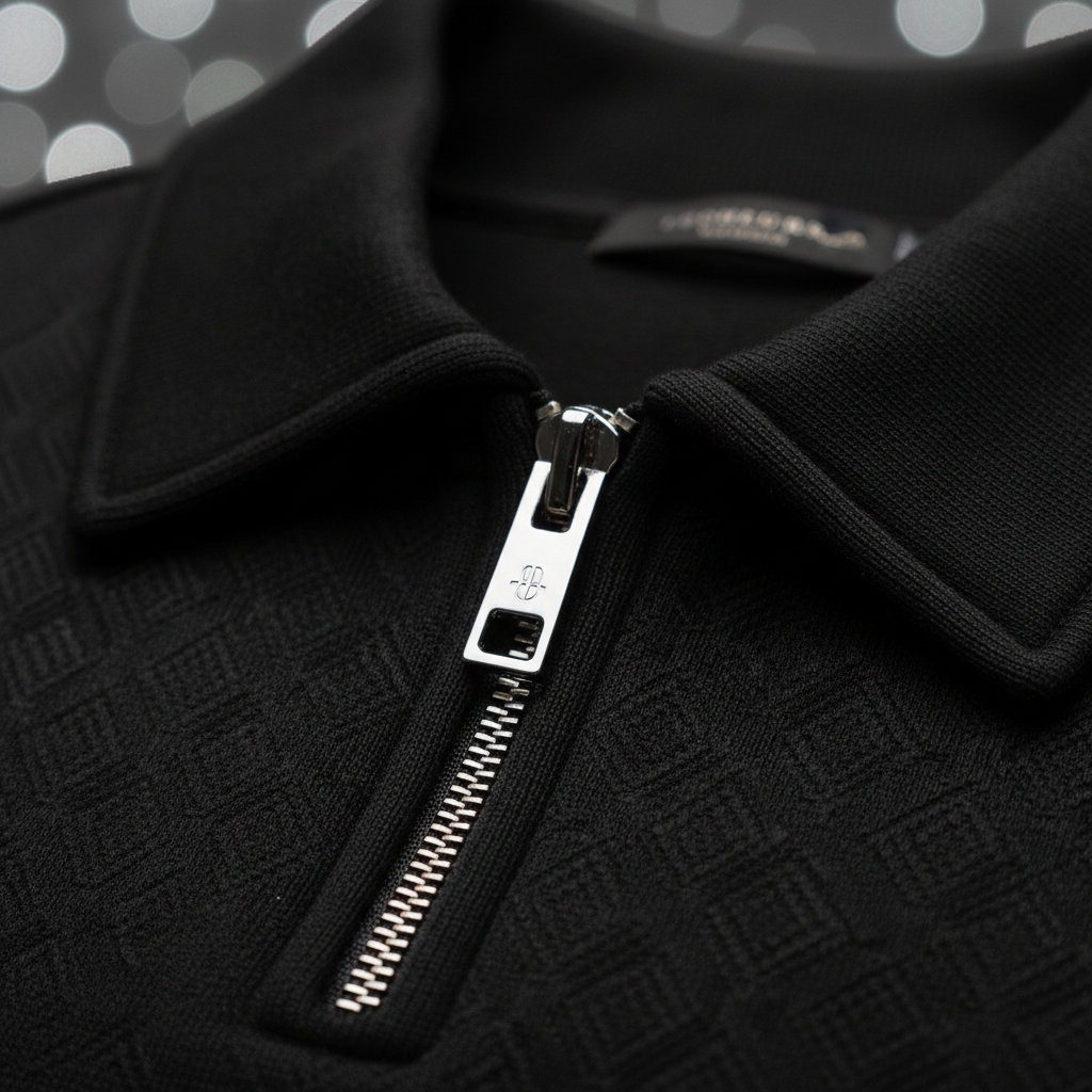 Men's Jacquard Half-Zip Sweatshirt in Black — close-up zipper and collar detail