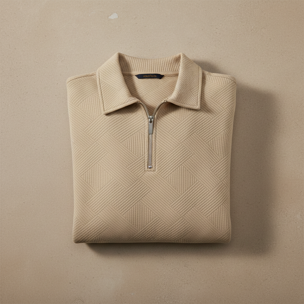 Men's Jacquard Half-Zip Sweatshirt in Grey — hero flat lay on stone surface