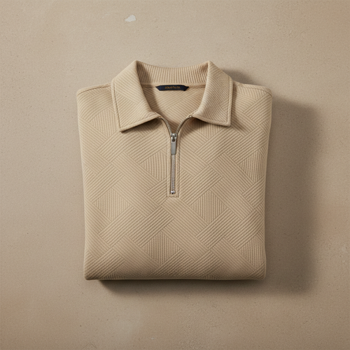 Men's Jacquard Half-Zip Sweatshirt in Grey — hero flat lay on stone surface